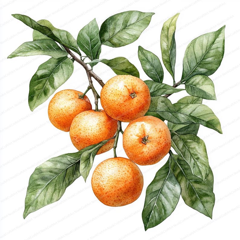 May include: A watercolor painting of a branch of a citrus tree with five ripe oranges and green leaves.