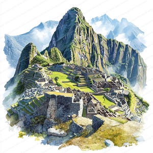 Puede incluir: Pintura a la acuarela de Machu Picchu, una antigua ciudadela inca. La imagen representa las antiguas estructuras de piedra ubicadas entre exuberantes montañas verdes y campos aterrazados, con un telón de fondo de picos azules brumosos.