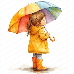 23 In Pfützen springen Clipart | Kleines Mädchen mit Regenschirm | Druckbare Aquarell Clipart | Hochwertige JPGs | Papiermodell | Junk Journal