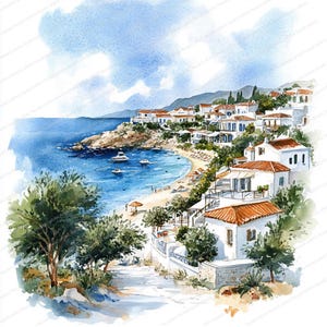 17 Clipart Scènes De Bord De Mer Grèce | Clipart aquarelle imprimable | JPG de haute qualité | Téléchargement numérique | Créations en papier | journal indésirable