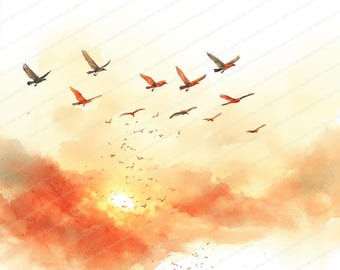 21 鳥の渡りのクリップアート | 北へ飛ぶ群れ | 印刷可能な水彩画