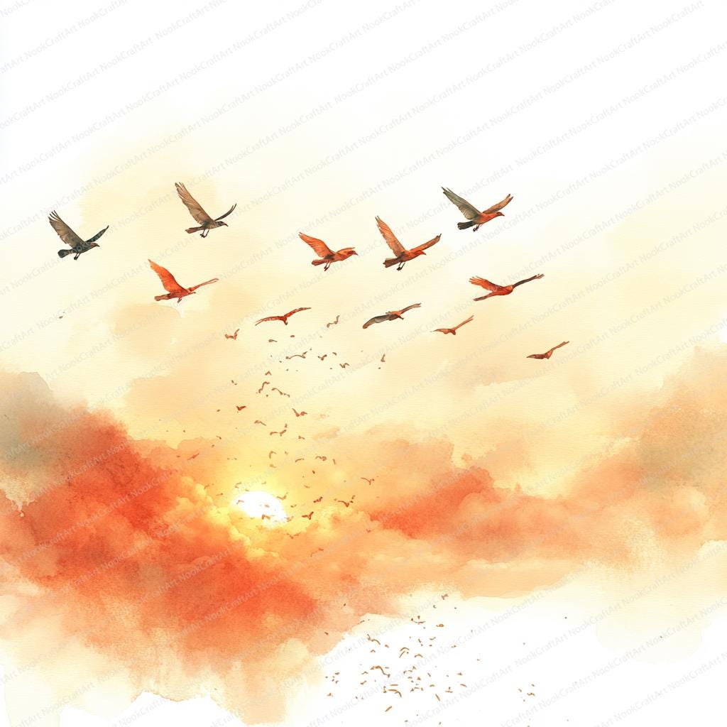 21 鳥の渡りのクリップアート | 北へ飛ぶ群れ | 印刷可能な水彩画