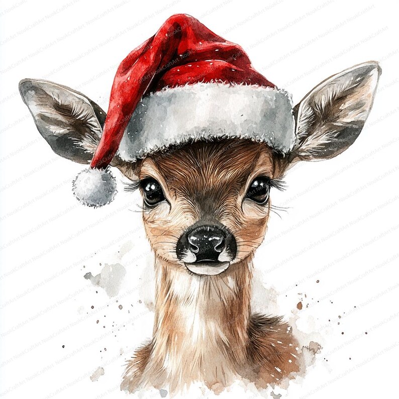 20 Deer With Santa Hat Clipart | Reindeer and Fawn | Watercolor Designs ...