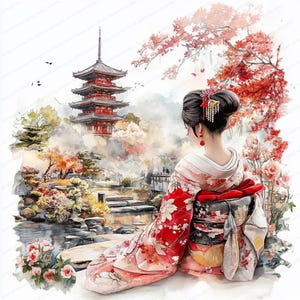 13 Clipart de gueixas japonesas e paisagens | Arte em aquarela japonesa | Desenhos de gueixas para impressão | JPGs de alta qualidade | Artesanato em papel | Diário