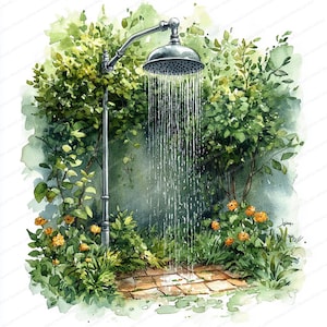 22 Clipart tuin buitendouche | Verfrissende achtertuinoasekunst | Afdrukbare aquarel clipart | Hoge kwaliteit JPG's | Papierkunst | dagboek