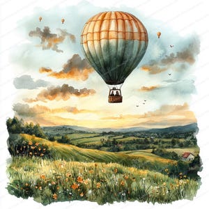 Könnte beinhalten: Aquarellmalerei eines Heißluftballons, der über einer Landschaft schwebt. Der Ballon ist beige und blaugrün, mit einem Weidenkorb. Die Szene umfasst grüne Hügel, Wildblumen und einen Sonnenuntergangshimmel mit Wolken und anderen Ballons.