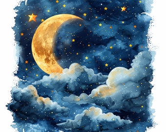 Night Sky Watercolor Clipart, 10 JPGs Elements, High Quality Night Sky, Digital download, Paper craft, junk journals, Night Sky