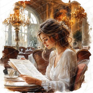 Könnte beinhalten: Aquarellmalerei einer Frau in einer weißen Bluse, die in einem Restaurant eine Speisekarte liest. Die Szene spielt in einem großen Speisesaal mit Kronleuchtern und aufwendiger Einrichtung. Eine Teetasse steht auf einem Tisch.
