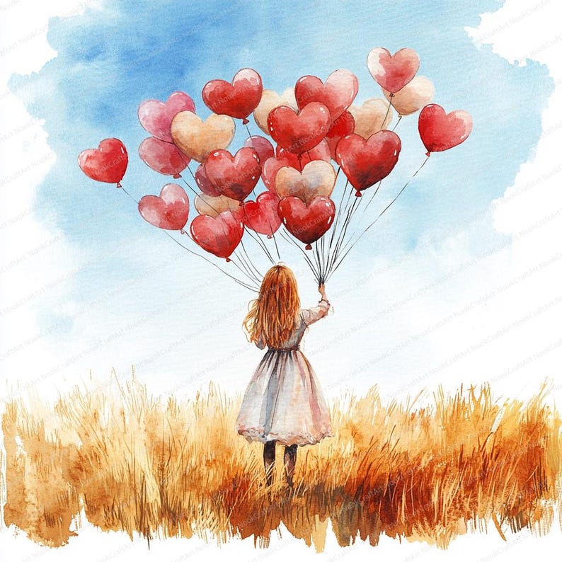 18 Heart Balloons Girl Clipart | Romantic Valentine Illustration ...