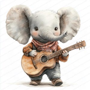 15 imágenes prediseñadas de elefantes tocando la guitarra / Ilustración musical de animales divertida / Imágenes prediseñadas de acuarela imprimibles / JPG de alta calidad / Manualidades de papel