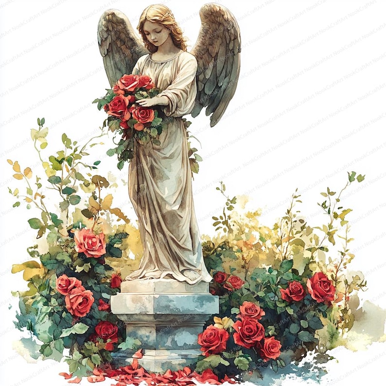 Angels And Roses 24 Angel in Rose Garden Clipart | Serene Celestial Illustration Set ...