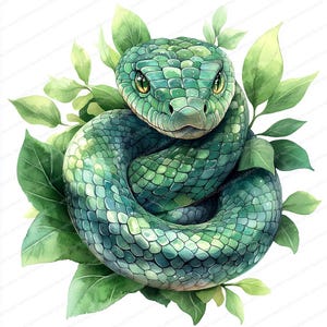 May include: A watercolour illustration of a coiled green snake with yellow eyes, surrounded by green leaves. The snake's scales are a mix of light and dark green, creating a textured appearance. The leaves are a vibrant green, adding to the natural theme.