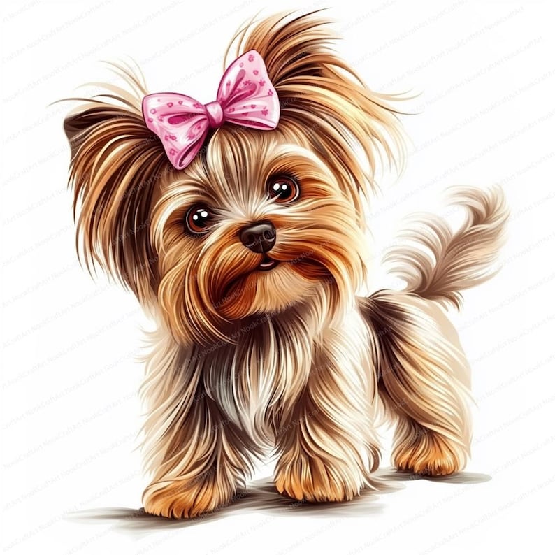 Pode incluir: Um pequeno c&atilde;o Yorkshire Terrier marrom e branco com um la&ccedil;o rosa na cabe&ccedil;a. O c&atilde;o est&aacute; em p&eacute; sobre um fundo branco.