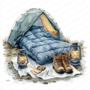 20 imágenes prediseñadas de saco de dormir para tienda de campaña / Ilustración de campamento de aventuras al aire libre / Imágenes prediseñadas de acuarela imprimibles / JPG de alta calidad / diario