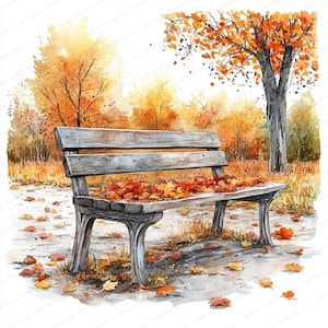 Könnte beinhalten: Aquarellmalerei einer Parkbank, bedeckt mit Herbstlaub. Die Bank ist verwittert grau, vor dem Hintergrund von Bäumen mit orangefarbenem und gelbem Laub. Die Szene erinnert an den Herbst.