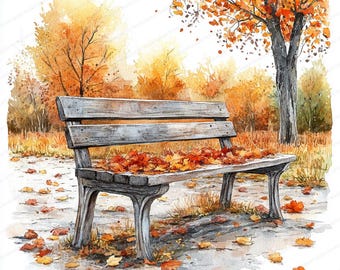 May include: Watercolor painting of a park bench covered in fallen autumn leaves. The bench is weathered gray, set against a backdrop of trees with orange and yellow foliage. The scene evokes a sense of fall.