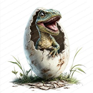 18 imágenes prediseñadas de dinosaurios saliendo de un huevo / Diseños adorables de dinosaurios / Arte de acuarela imprimible / JPG de alta calidad / Manualidades de papel / Diarios basura