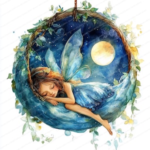 Hada de capullo de 20 hojas, ilustración de sueño encantado, clipart de acuarela imprimible, archivos JPG de alta calidad, manualidades de papel, diario basura