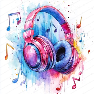Puede incluir: Ilustración en acuarela de auriculares rosas con almohadillas azules y notas musicales. Los auriculares son el punto focal, sobre un vibrante fondo de salpicaduras de acuarela azules, moradas y naranjas. Las notas musicales son de varios colores.