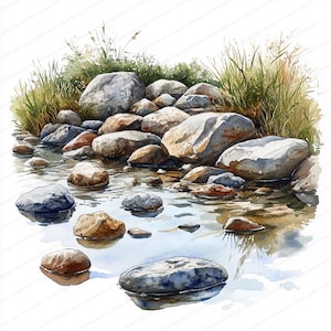 23 Clipart di pietre di fiume / Grafica naturale dell'acqua / Clipart stampabile dell'acquerello / JPG di alta qualità / Artigianato di carta / Diario di spazzatura