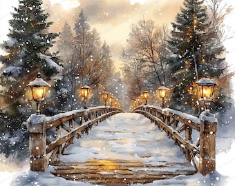 23 Clipart Pont de neige scintillante | Illustration de paysage d'hiver enchanteur | Clipart aquarelle imprimable | JPG de haute qualité | Créations en papier