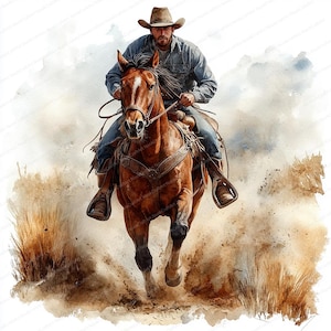 18 Cowboy Riding Horse Clipart | Western Prairie Illustration | Printable Watercolor clipart | High Quality JPGs | Paper craft | journal