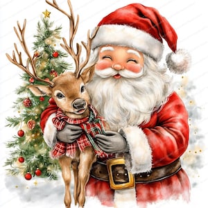 18 Clipart de Papai Noel de Natal | Papai Noel com Rena | Clipart de Aquarela para Imprimir | JPGs de Alta Qualidade | Download Digital | Criação de Cartões