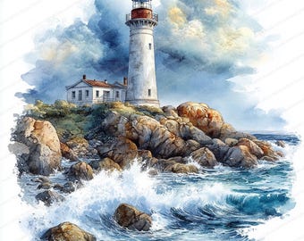 May include: Watercolor painting of a white lighthouse with a red top, standing on a rocky cliff. A small white building with a red roof sits beside the lighthouse. The ocean waves crash against the rocks under a cloudy sky.