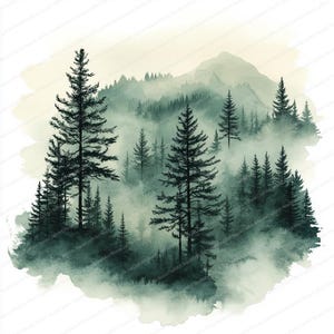 18 Pine Forest Fog Clipart | Misty Morning in Woods | Printable Watercolor clipart | High Quality JPGs | Paper craft | Junk journal