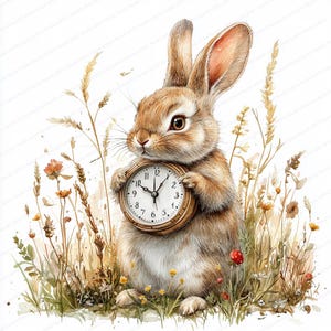 Peut inclure: Un lapin brun tenant une horloge vintage à chiffres romains dans un champ de fleurs sauvages.