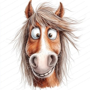20 Cartoon Pferd mit Crazy Haar Clipart | Lustige Tierfigur Kunst | Skurril Pferdedekor | Hochwertige Clipart | Digitaler Download