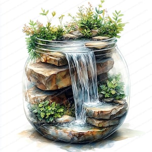 12 miniatuurwatervalafbeeldingen | Natuurtafereel in glazen pot | Afdrukbare aquarel clipart | Hoge kwaliteit JPG's | Papierkunst | Junkjournaal
