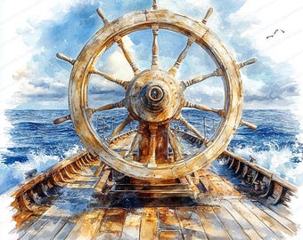 May include: A weathered wooden ship's wheel with a thick rope rim, set against a backdrop of a blue sky and choppy ocean waves. The wheel is positioned on the deck of a wooden boat, with the ocean visible in the distance.