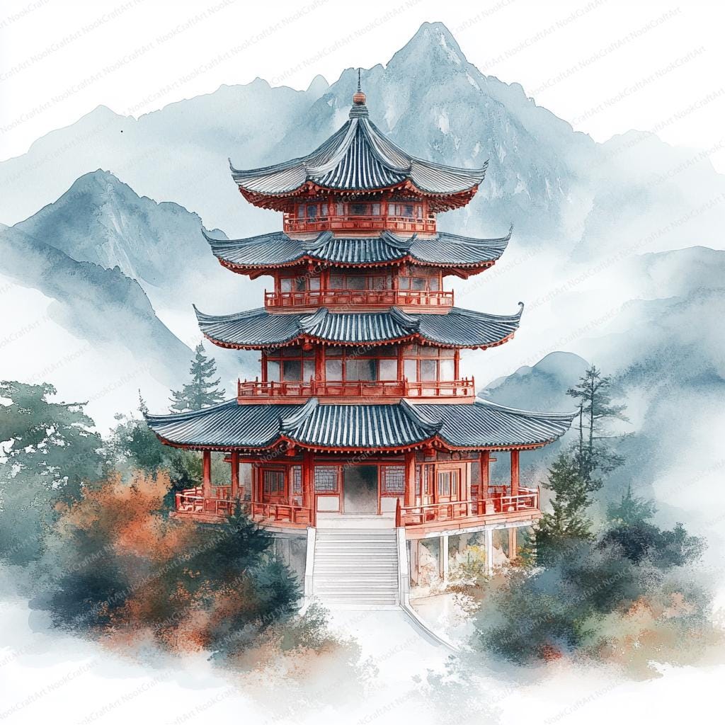 風景画　タィ　チェンマイ　ランプーンのお寺　水彩画　2枚もの　SHO 20 山の塔のクリップアート | 中国の風景イラスト | 印刷可能な水彩画