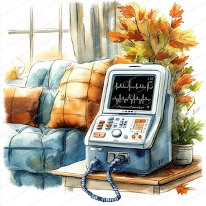 May include: Watercolor illustration of a medical device with a screen displaying a heart rhythm. The device is on a wooden table, with a blue couch and orange pillows in the background. Autumn leaves and a potted plant add to the scene.