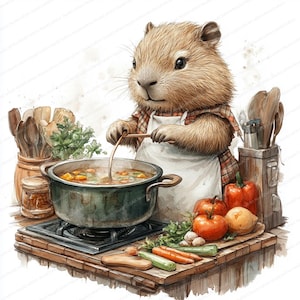 19 Capivara Cozinhando Sopa Clipart | Ilustração de Cozinha Animal Adorável | Clipart de Aquarela para Imprimir | JPGs de Alta Qualidade | Diário de Lixo