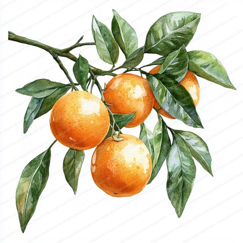 May include: A watercolor painting of a branch of an orange tree with four ripe oranges. The oranges are a vibrant orange color and the leaves are a deep green.