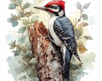24 Woodpecker on Tree Clipart | Nature-Inspired Wildlife Illustration | Printable Watercolor clipart | High Quality JPGs | Paper craft