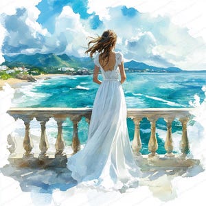 20 Meer Balkon Braut Clipart | Elegante Frau im weißen Kleid | Druckbare Aquarell Clipart | Hochwertige JPGs | Papiermodell | Zeitschrift