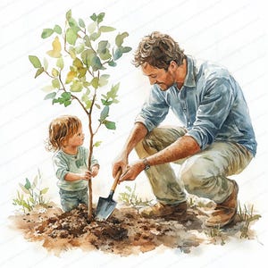 16 vader en kind bomen planten clipart | Gezinsverbonden natuuractiviteit | Afdrukbare aquarel clipart | Hoge kwaliteit JPG's | Papierkunst