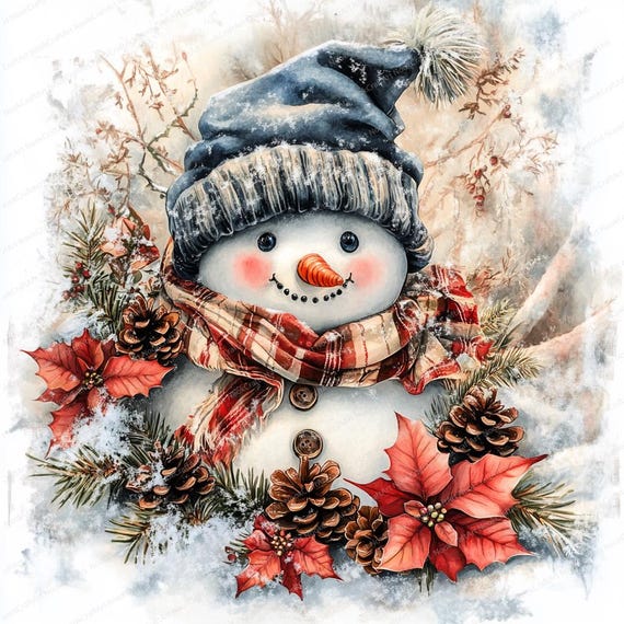 クリスマスのお祝いのかわいい雪だるまの水彩画クリップアート | 14 枚