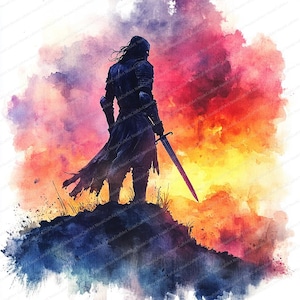 May include: Watercolour painting of a knight in dark armour standing on a hill, holding a sword. The background features a vibrant sunset with shades of red, orange, and yellow, creating a dramatic and epic scene.