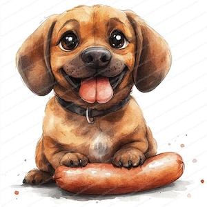 18 Cartoon Dog with Sausage Clipart | Whimsical Pet Illustration | Printable Watercolor clipart | High Quality JPGs | Paper craft | journal