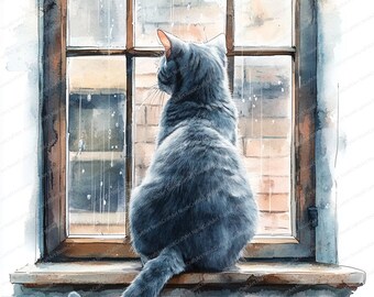雨を眺める猫のクリップアート 20 枚 | 居心地の良い窓辺の風景