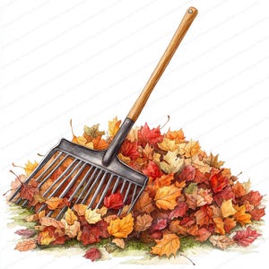 Könnte beinhalten: Ein schwarzer Metall-Laubrechen mit einem Holzstiel liegt auf einem Haufen bunter Herbstblätter. Die Blätter sind hauptsächlich orange, gelb und rot.