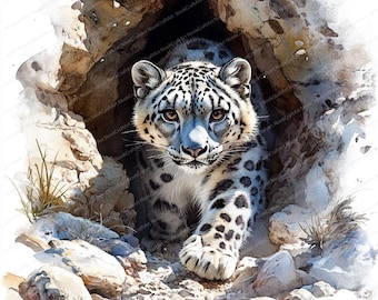 20 imágenes prediseñadas de emboscada de leopardo de las nieves / Diseño de ilustración de gato majestuoso / Imágenes prediseñadas de acuarela imprimibles / JPG de alta calidad / Manualidades de papel / Diario