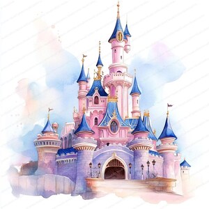 May include: A watercolour painting of a pink and blue castle with multiple towers and spires. The castle is set against a white background with a light blue watercolour wash.