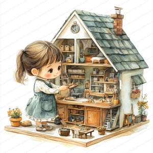 21 imágenes prediseñadas de niña de casa de muñecas / Ilustraciones divertidas para jugar / Imágenes prediseñadas de acuarela imprimibles / JPG de alta calidad / Manualidades de papel / Diario basura