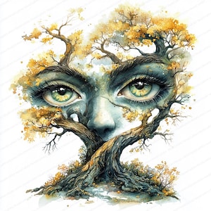 22 Clipart arbre avec des yeux | Illustration de forêt fantaisiste | Clipart aquarelle imprimable | JPG de haute qualité | Créations artisanales en papier | Journal indésirable