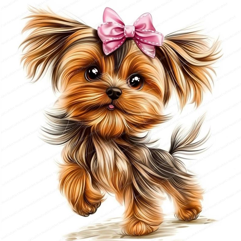 Pode incluir: Um filhote de Yorkshire Terrier marrom e preto com um la&ccedil;o rosa na cabe&ccedil;a. O filhote est&aacute; em p&eacute; em um fundo branco e tem uma express&atilde;o brincalhona no rosto.